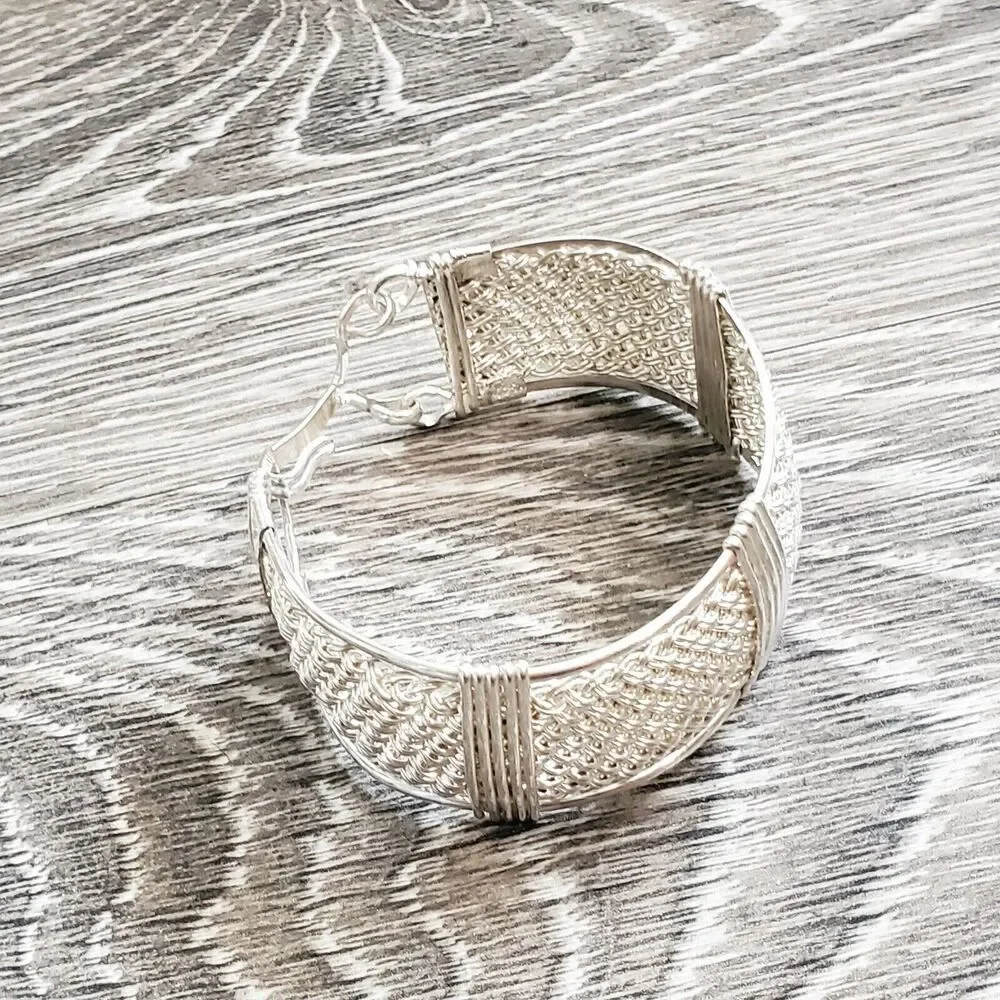 Handwoven 25mm Wide Textile Weave Sterling Silver Bracelet 42 Grams